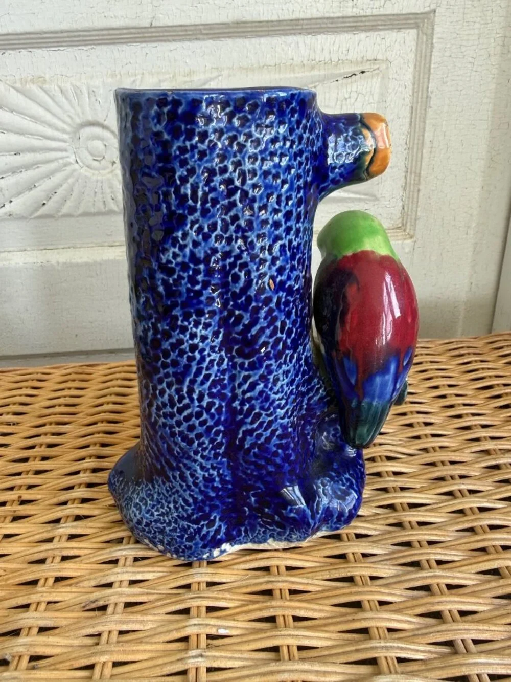 Vintage 50's Japan Blue Tree Stump Vase King Fisher Bird Vase Whimsical